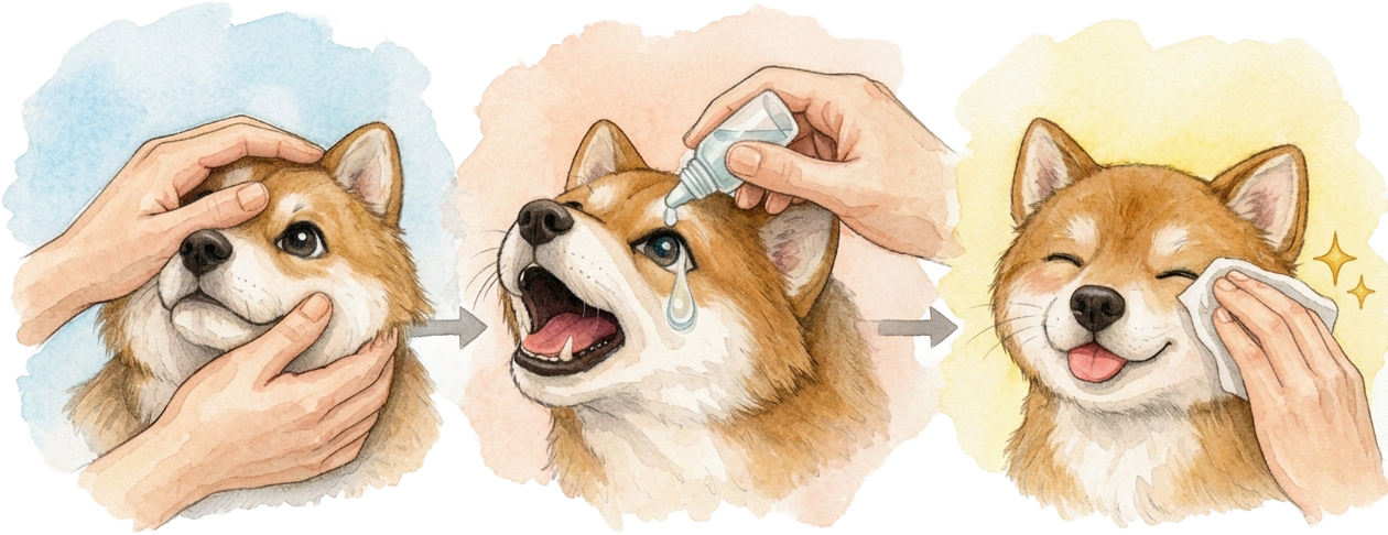 後ろから白目に点眼する様子