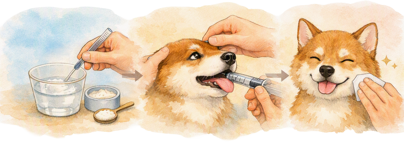 シリンジ等で粉薬を与える様子