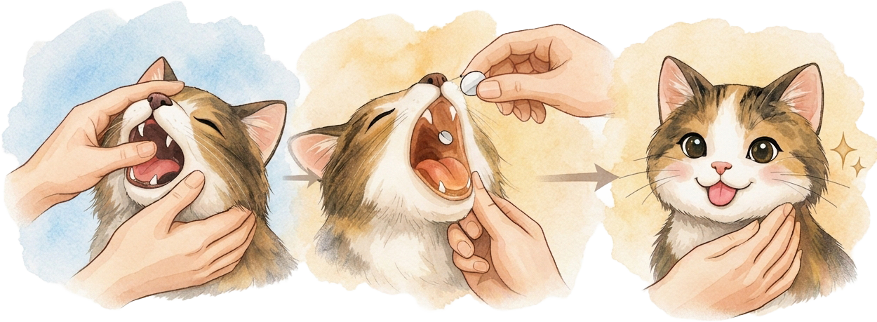 喉奥に錠剤を入れて撫でる様子